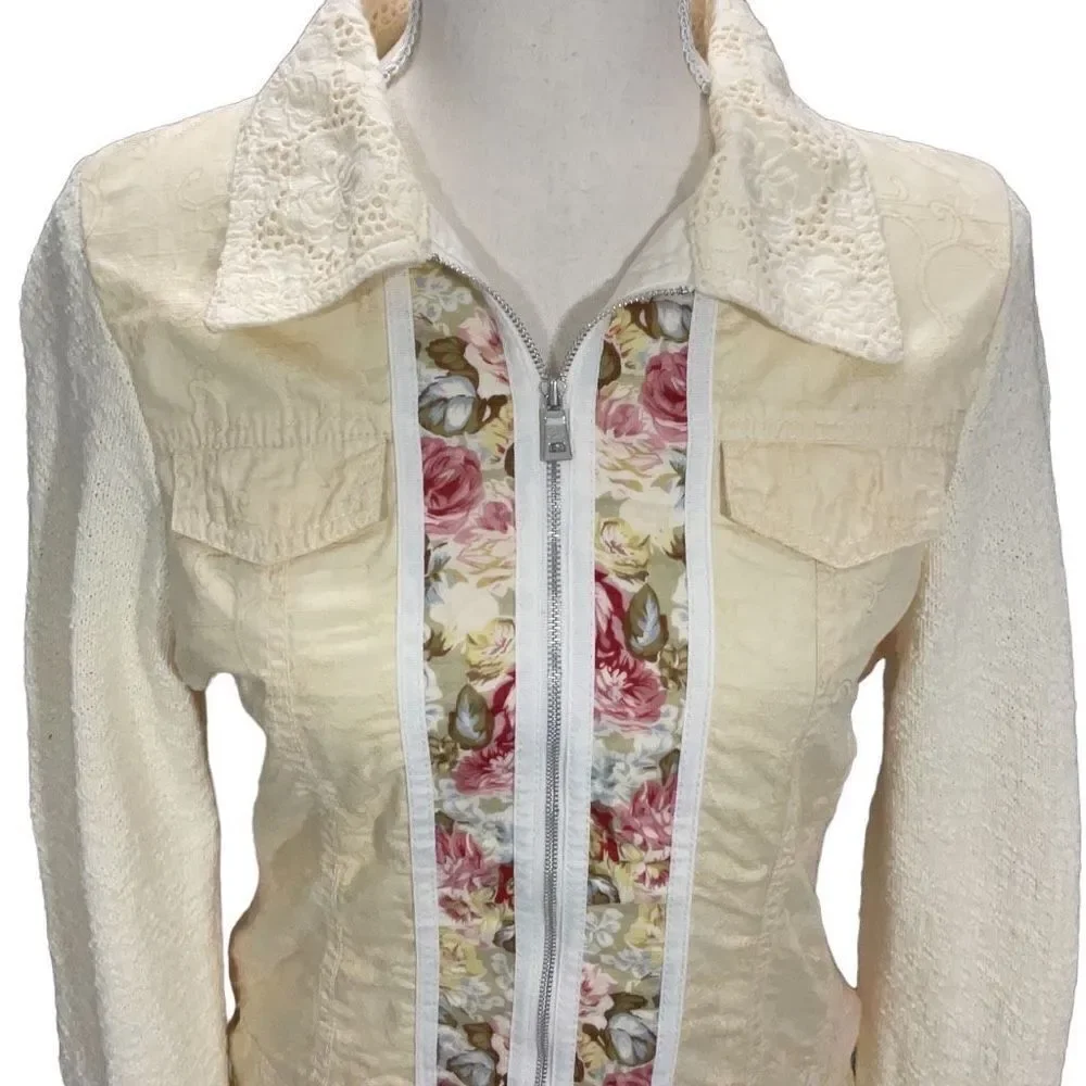 VTG Blue Willi’s Yellow Full Zip Floral Danish Design Collared Sweater Jacket Sm - Picture 2 of 9